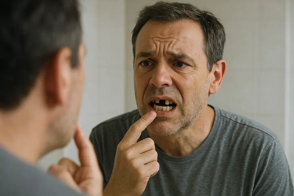Persona de la tercera edad sufriendo la caida de dientes