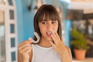 mujer aplicándose tratamiento para apiñamiento dental